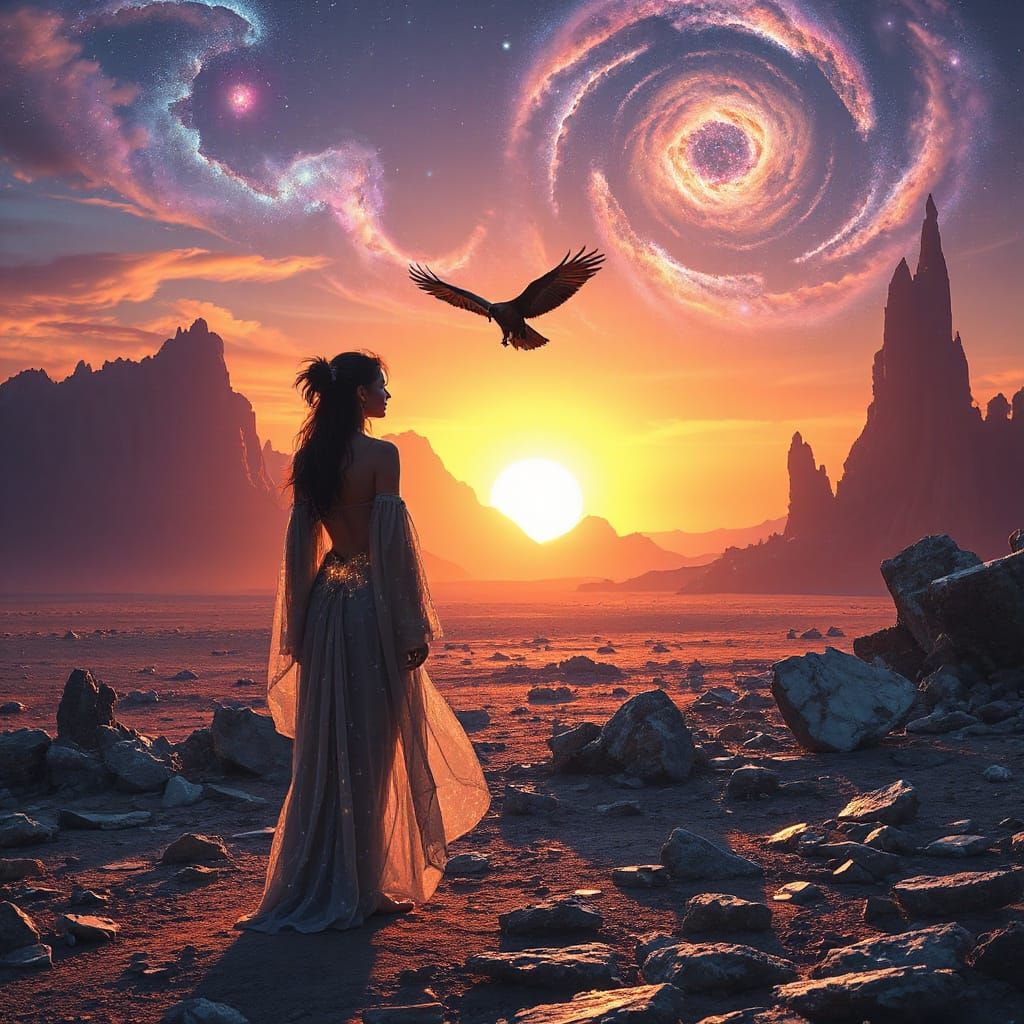 Starlight Woman on Alien Planet at Binary Sunset