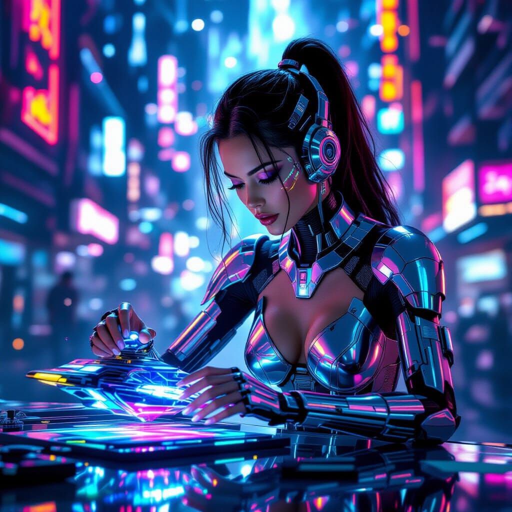 Cyberpunk Goddess Assembling Starship Model in Neon City