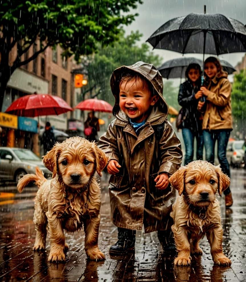 Happy Babies and Puppies Playing in Rain