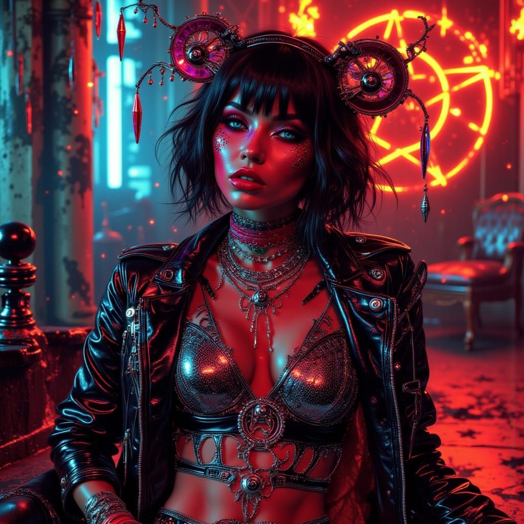 Retro Futurism Model in Neon Punk Outfit with Fiery Accents