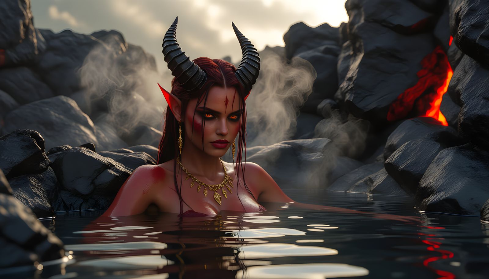 Demon's Daughter Relaxing in Volcanic Hot Spring
