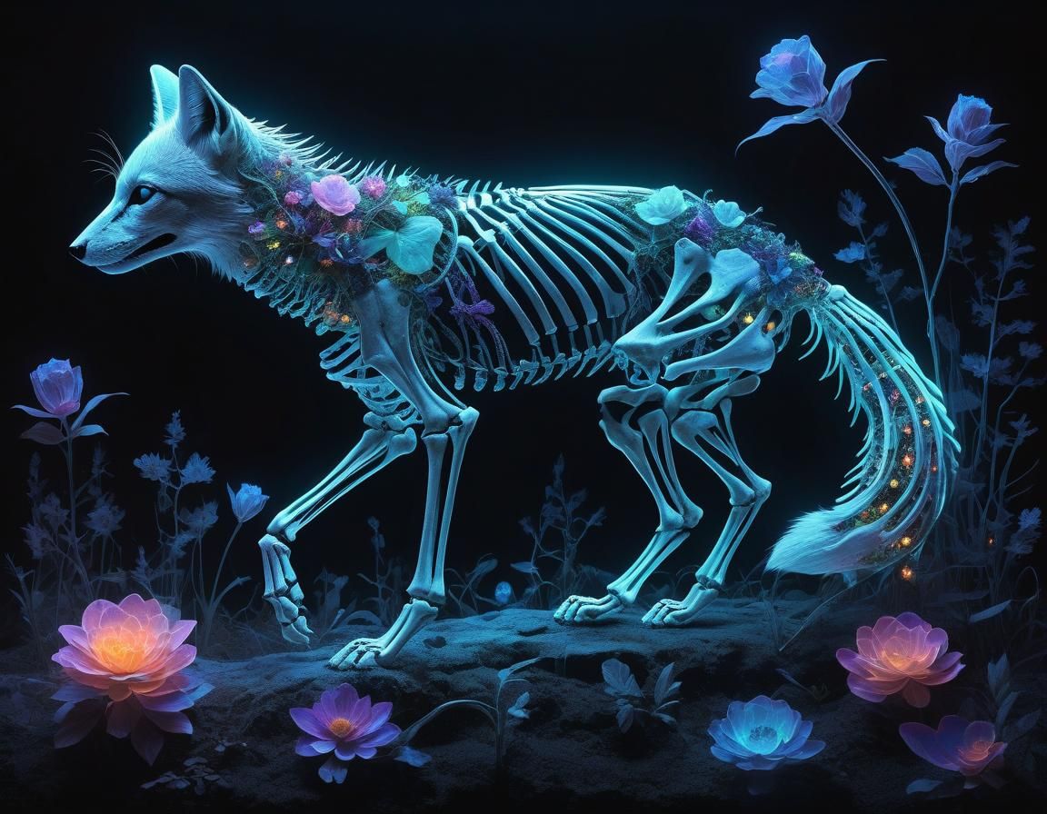 Neon Fox Skeleton in Ethereal Gothic Art