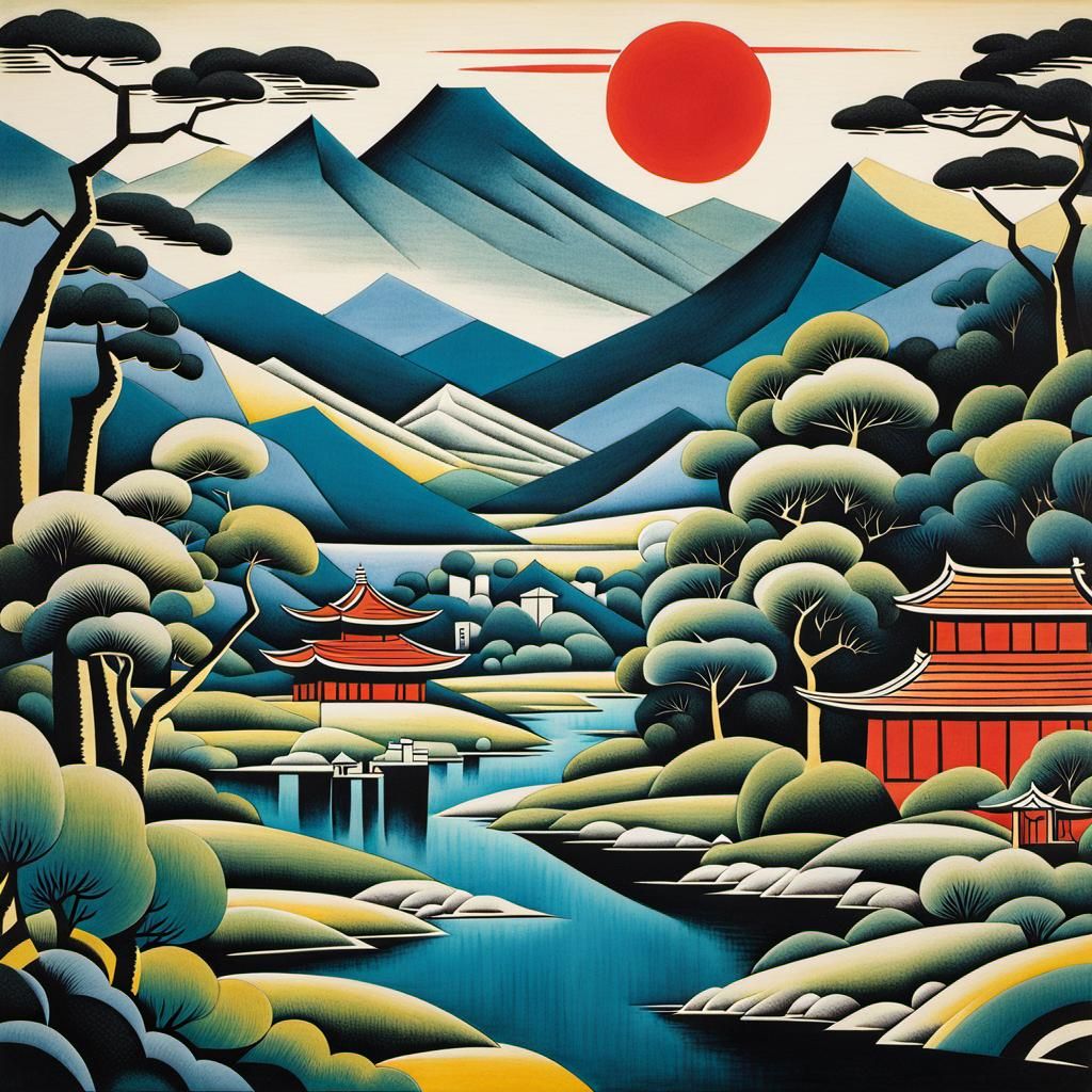 Cubist Japanese Landscape in Picasso Style