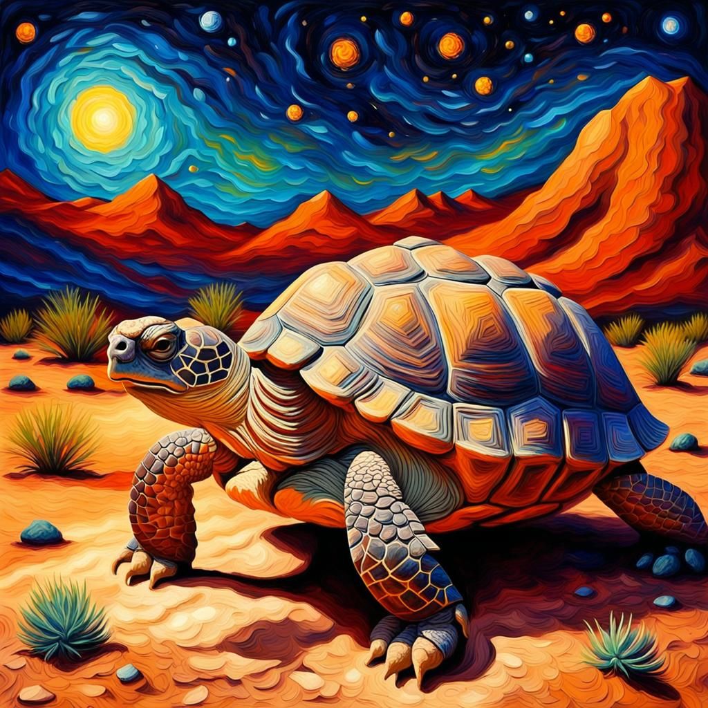 Desert Tortoise in Starry Desert, Impasto Oil Painting