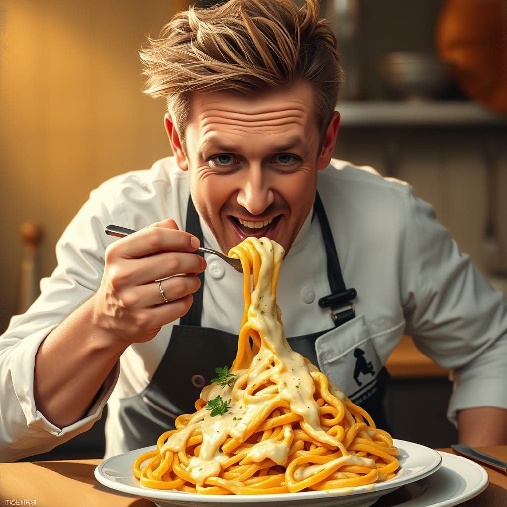 Gordon Ramsay Savoring a Rich Creamy Pasta Dish