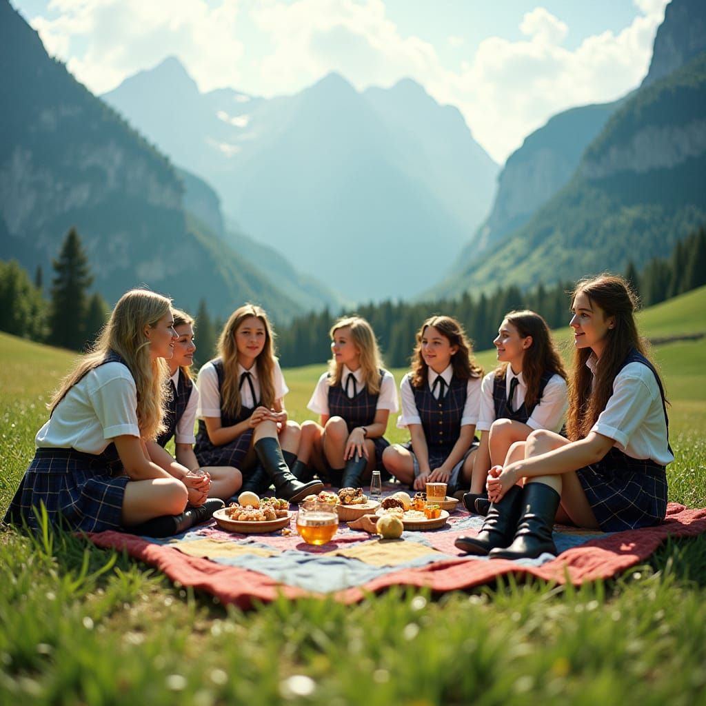 Schoolgirls Picnic in Swiss Alps: Vintage Film Aesthetic