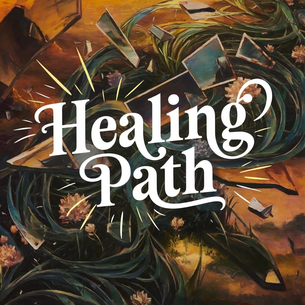 Healing Path: Vibrant Landscape of Shattered Glass and Bloom...