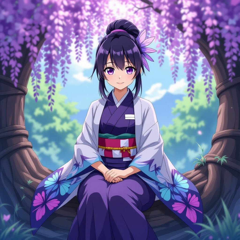Anime Shinobu in Wisteria Tree at Twilight, Ukiyo-e Style