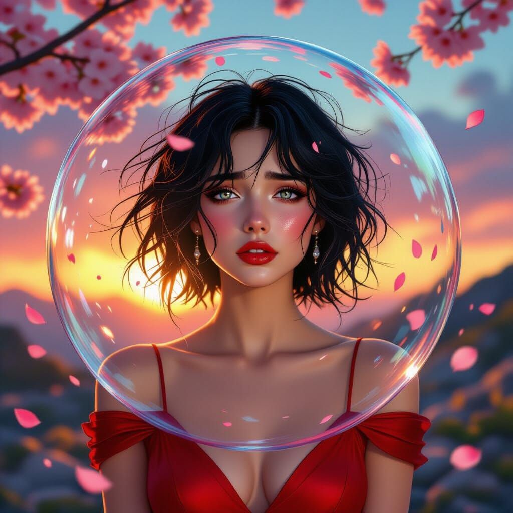 Crying Woman in Bubble with Cherry Blossoms