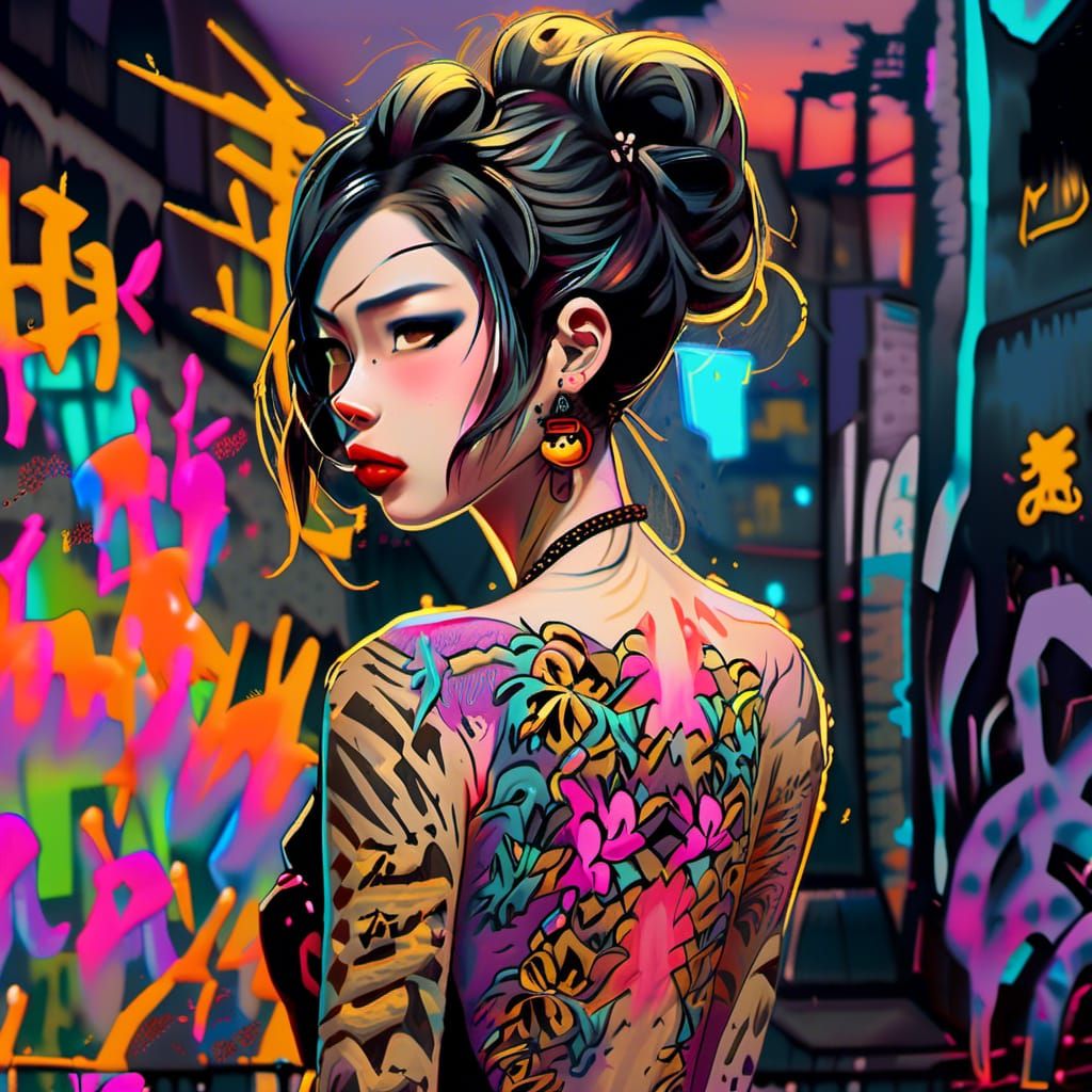 Rockabilly Maiden with Tiger Tattoo in Graffiti Art