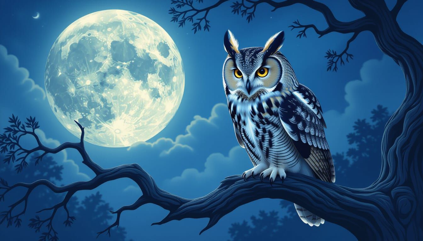 Ancient Owl Under Full Moon, Ethereal Glow