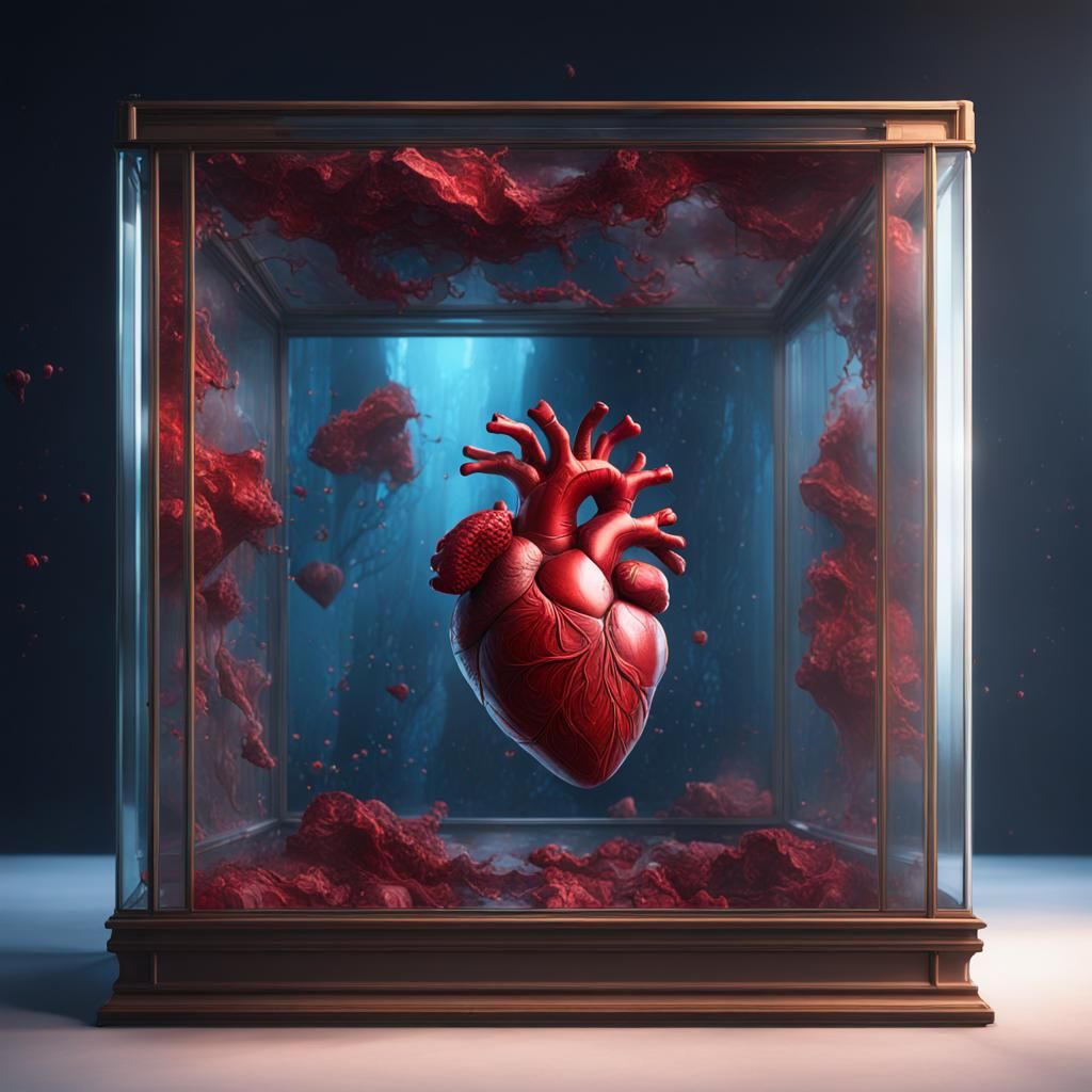 Human Heart in Glass Box: Detailed Digital Painting