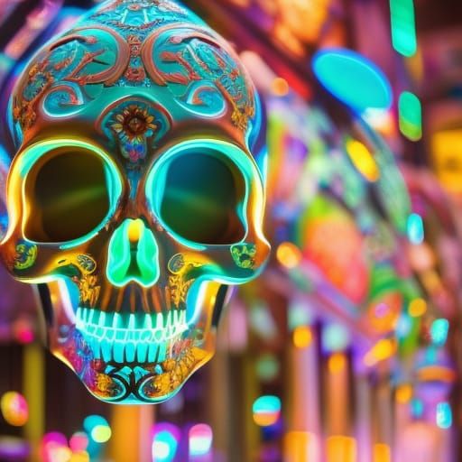 Neon Mexican Skull Art by Artgerm and Titian
