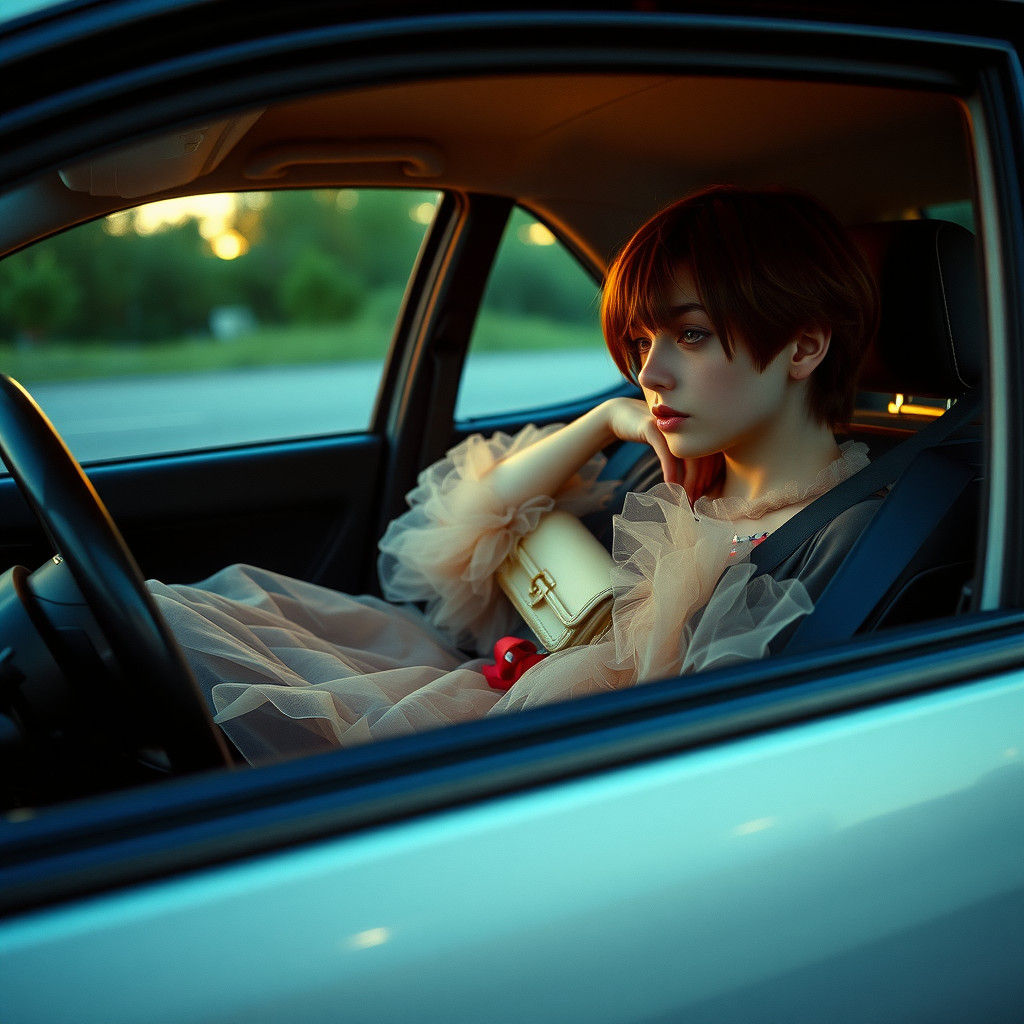 Androgynous Teen in Dress: Cinematic Car Scene
