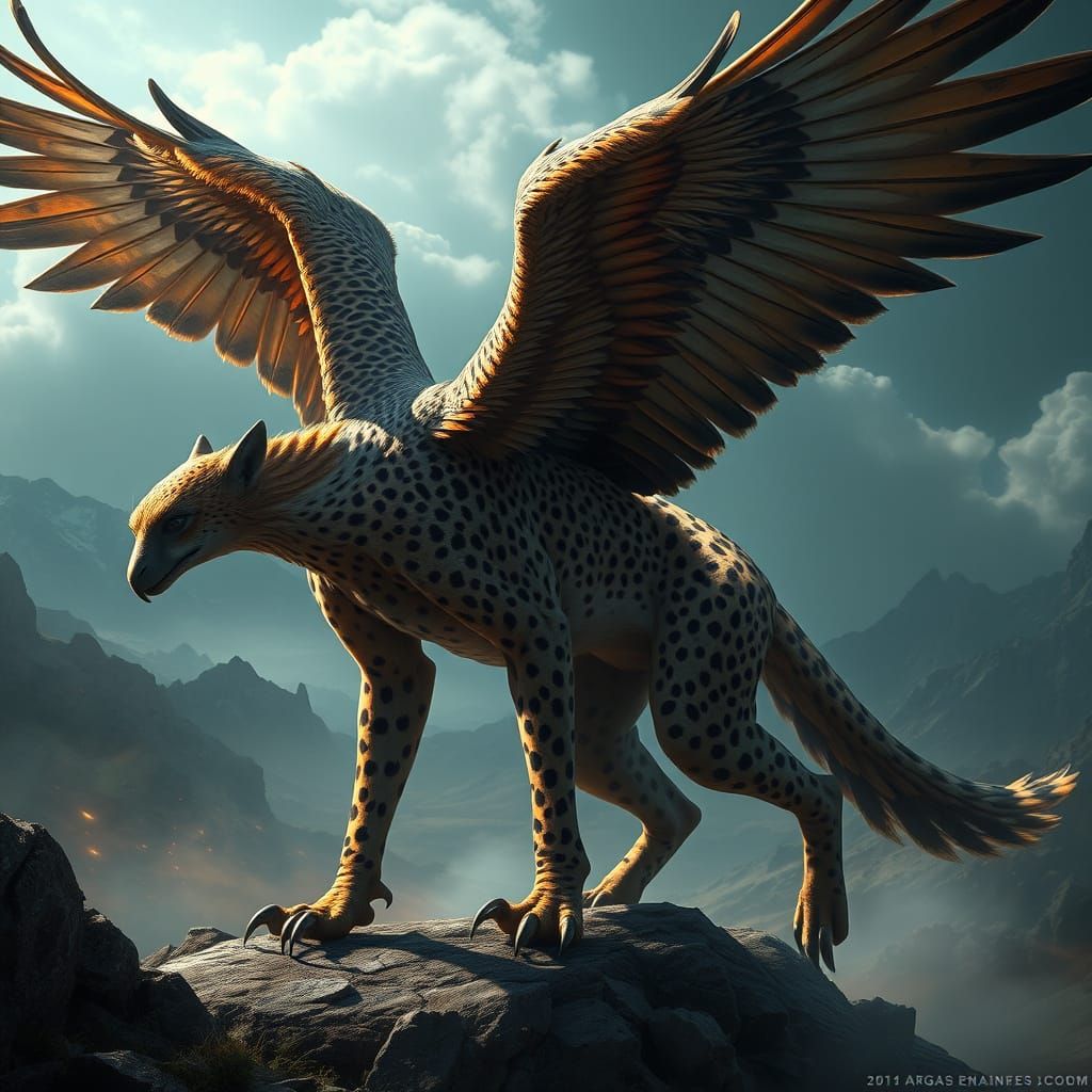 Majestic Half Cheetah, Half Eagle in Dramatic Fantasy Landsc...