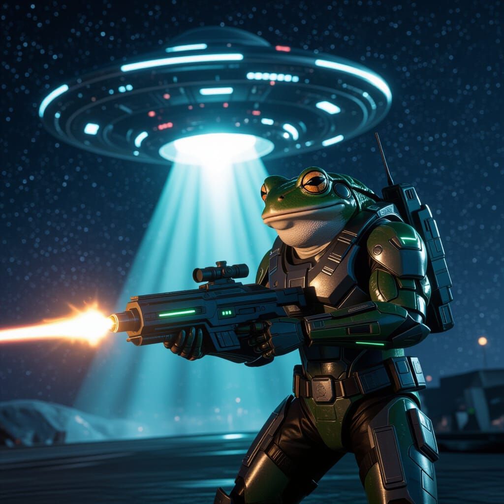 Cyborg Frog Soldier Battles UFO in Cinematic Scene