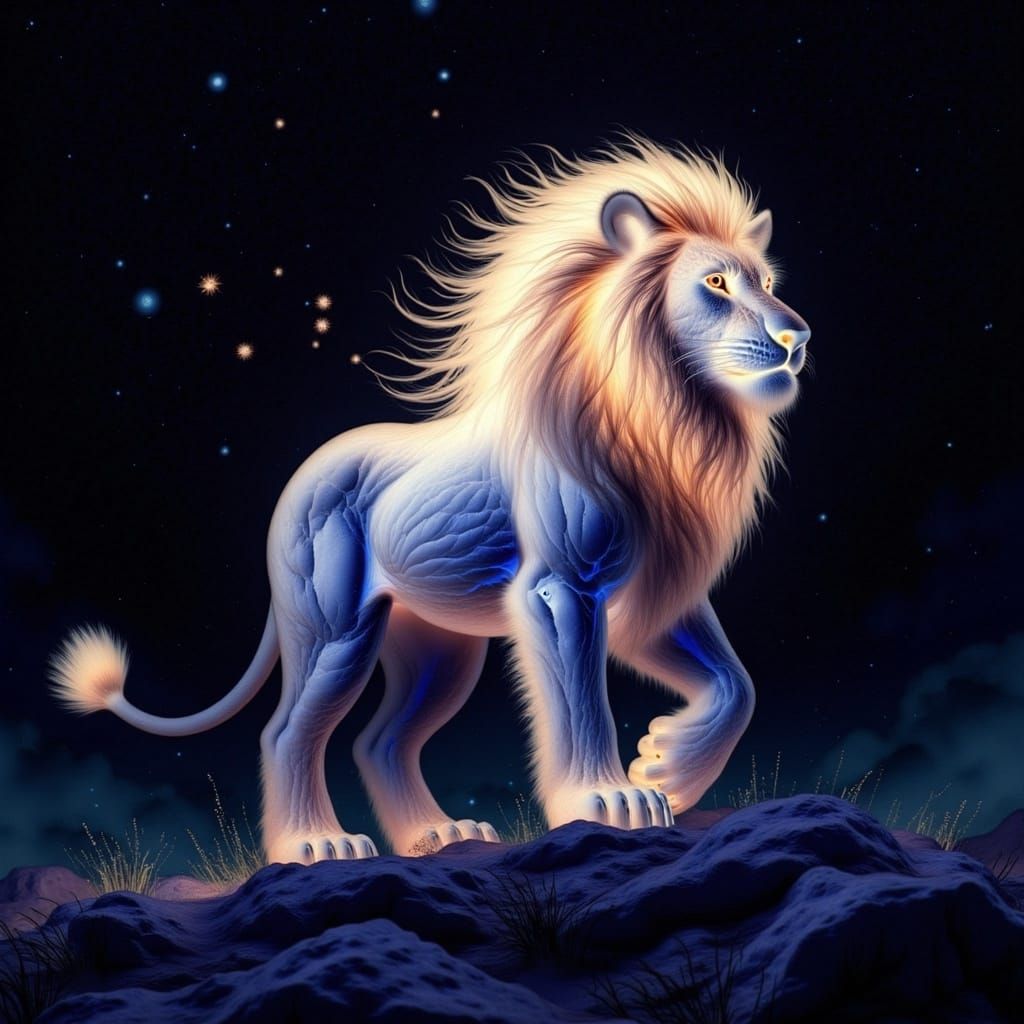 Radiant Light Lion on Starry Hill