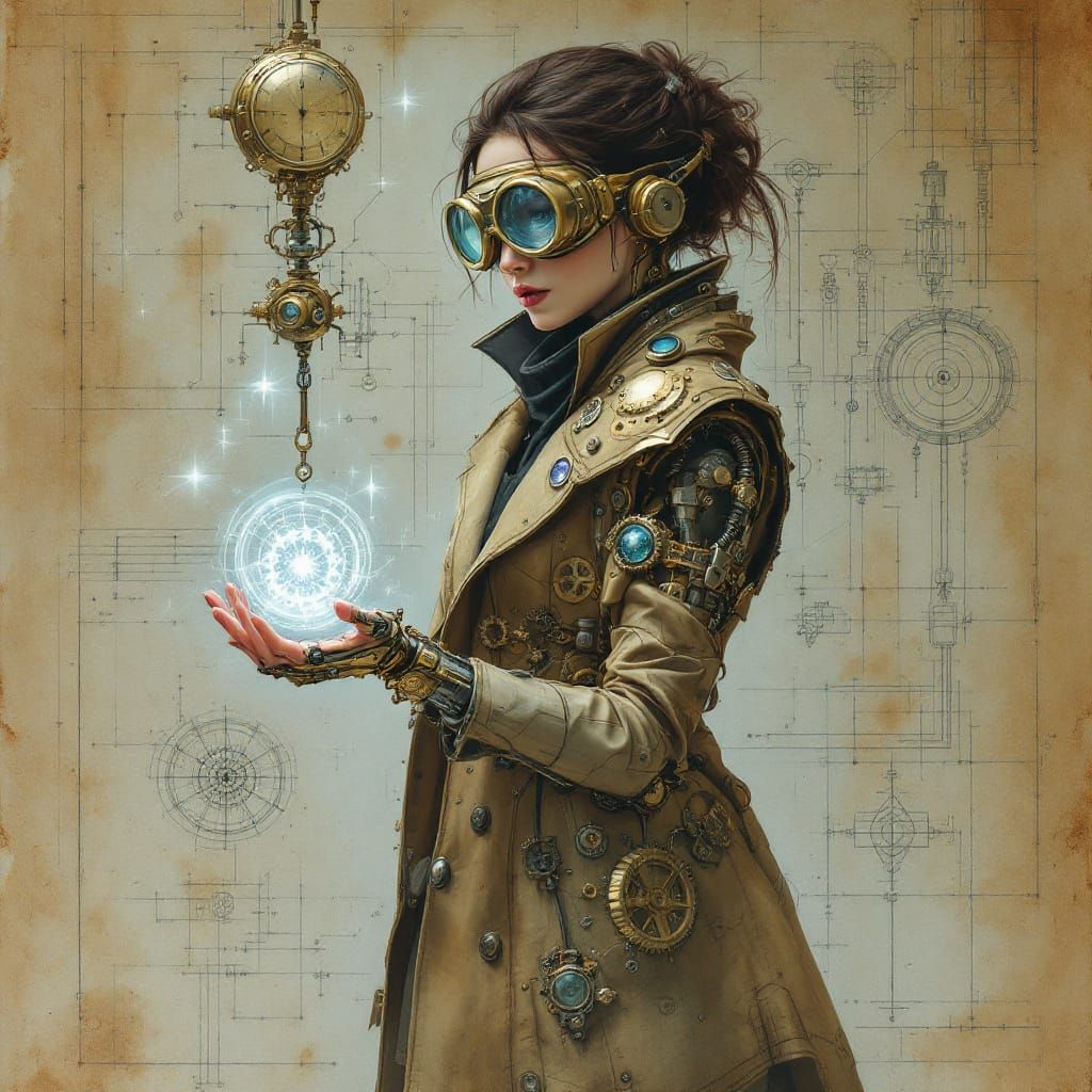 Clockwork Arcanist with Mechanical Arm, Oil & Watercolor