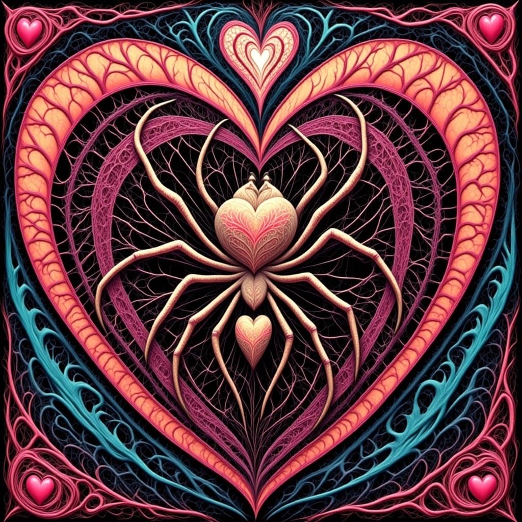 Surreal Spider Weaves Geometric Heart Web in Vibrant Pop Art...