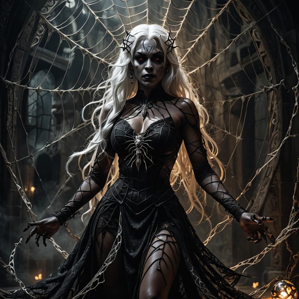 Drow Priestess in Spider Temple, Dark Fantasy Art