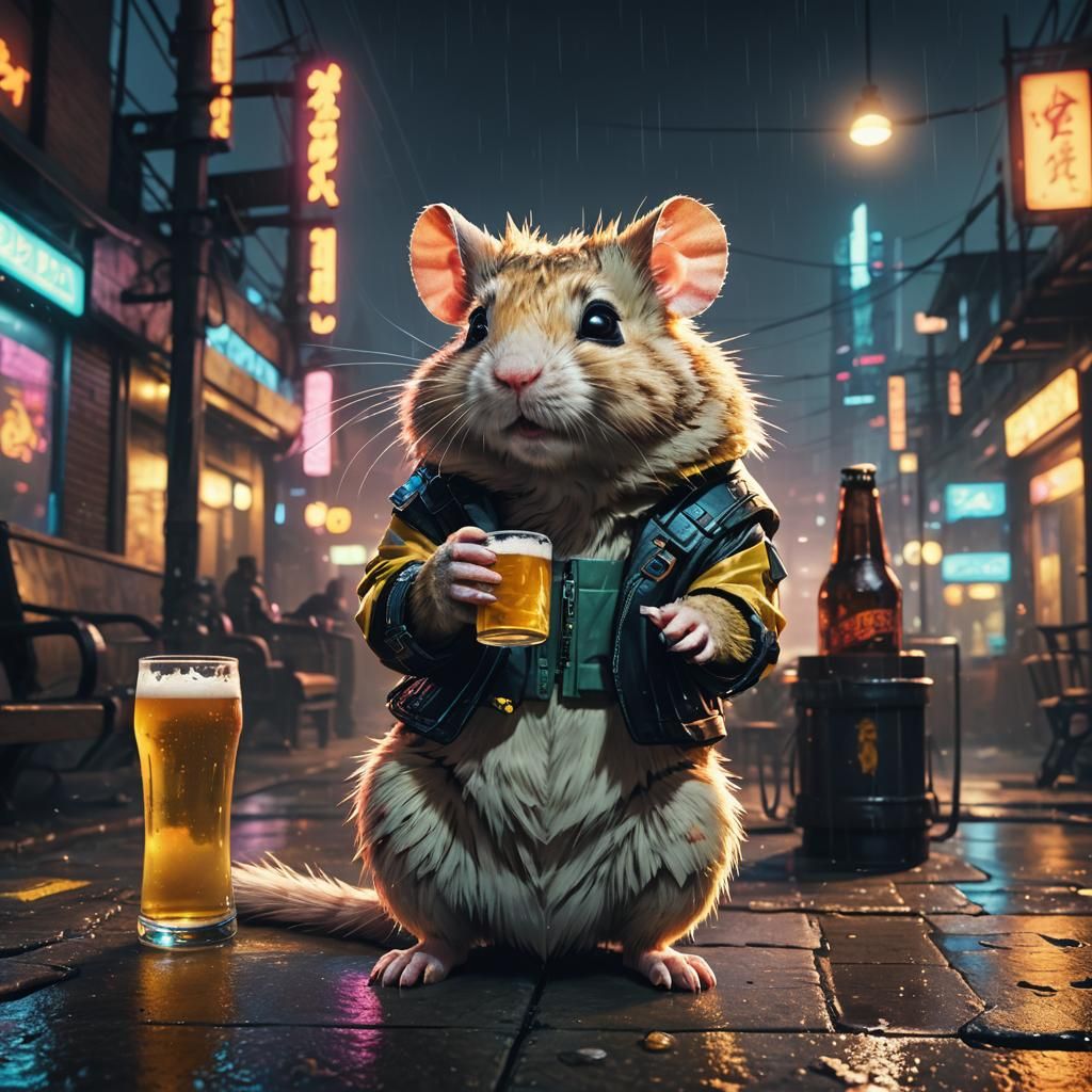 Cyberpunk Hamster Enjoying a Beer in Neon City
