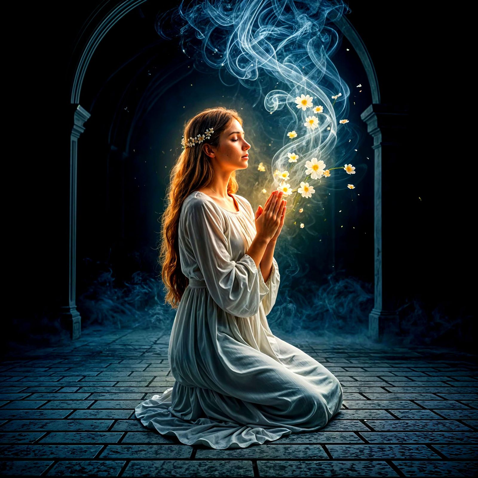 Woman in Prayer Enveloped by Heavenly Light and Spiritual En...