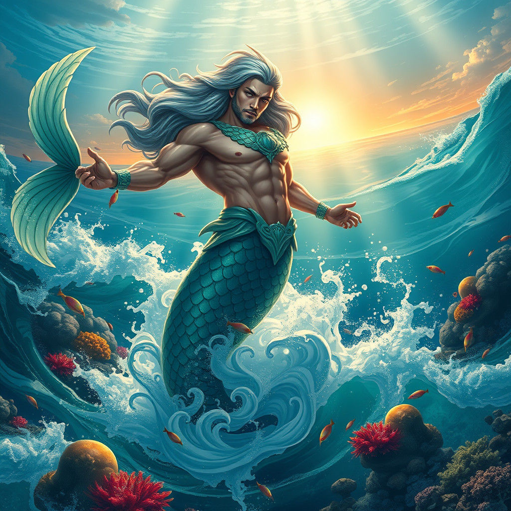 A majestic merman, his upper body muscular and adorned with intricate seashell armor, rising from the ocean's depths wit...