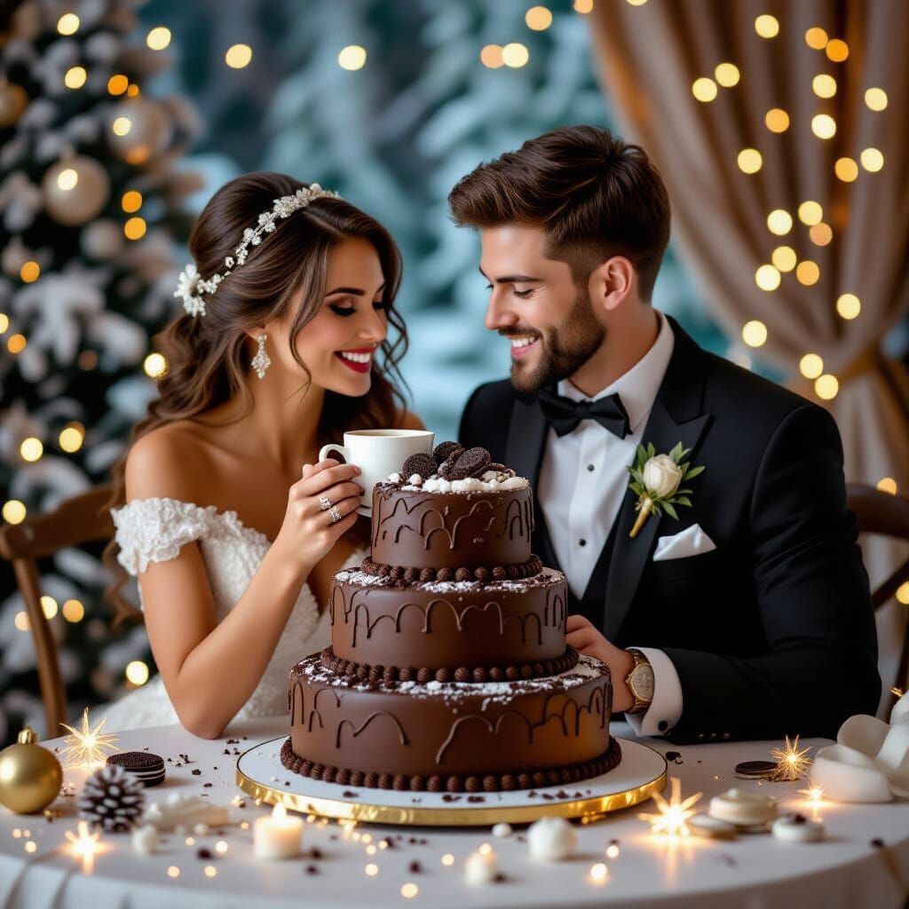 Romantic Couple Sharing Coffee with Exquisite Chocolate Cake
