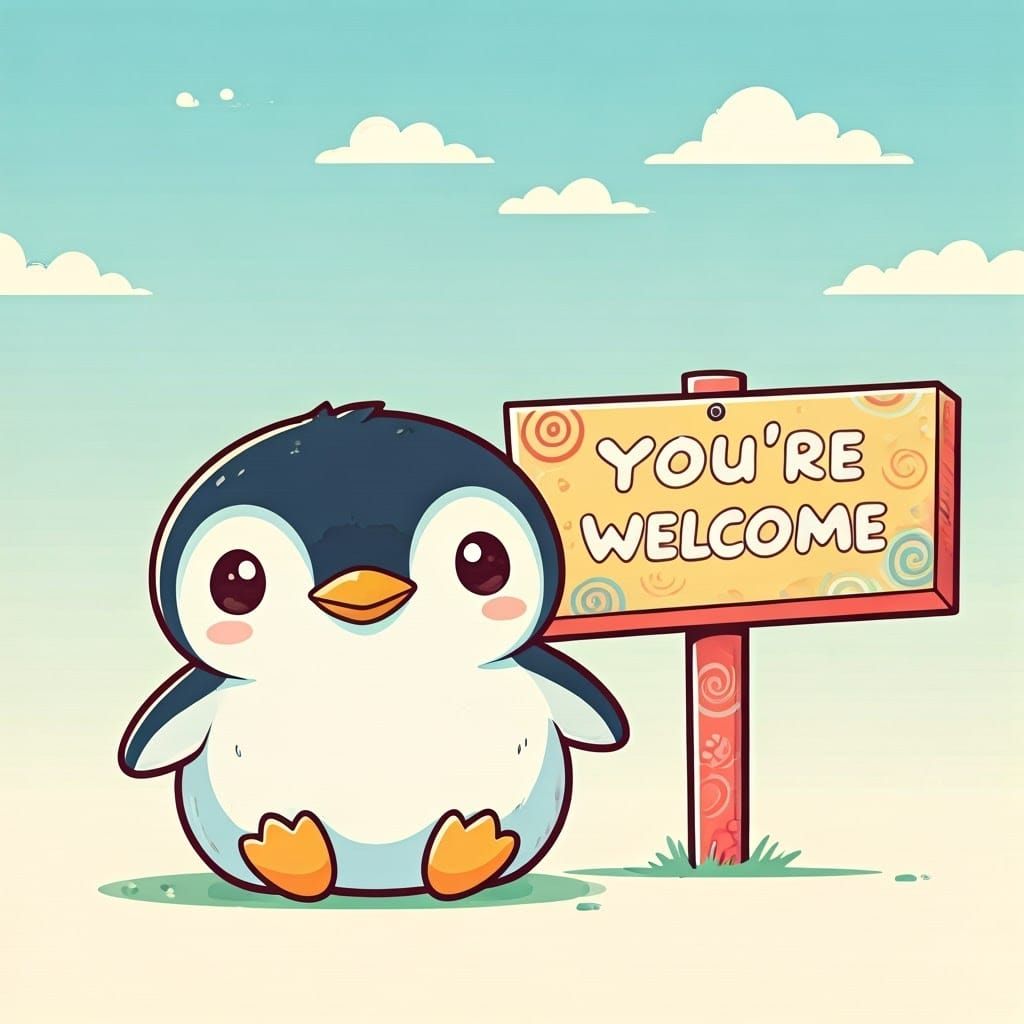 Chibi Penguin with Welcome Sign in Manga Style