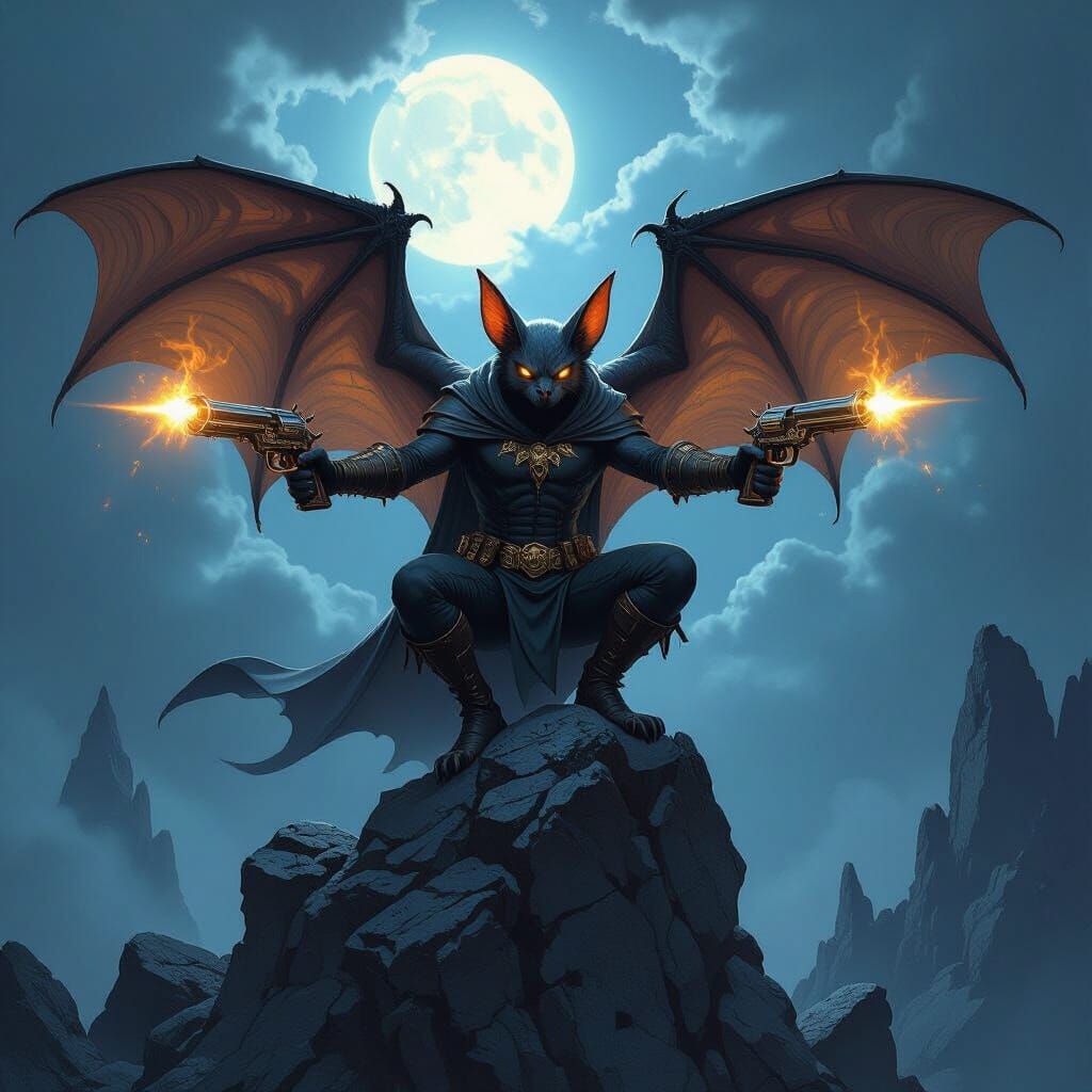 Fantasy Bat Creature With Glowing Pistols