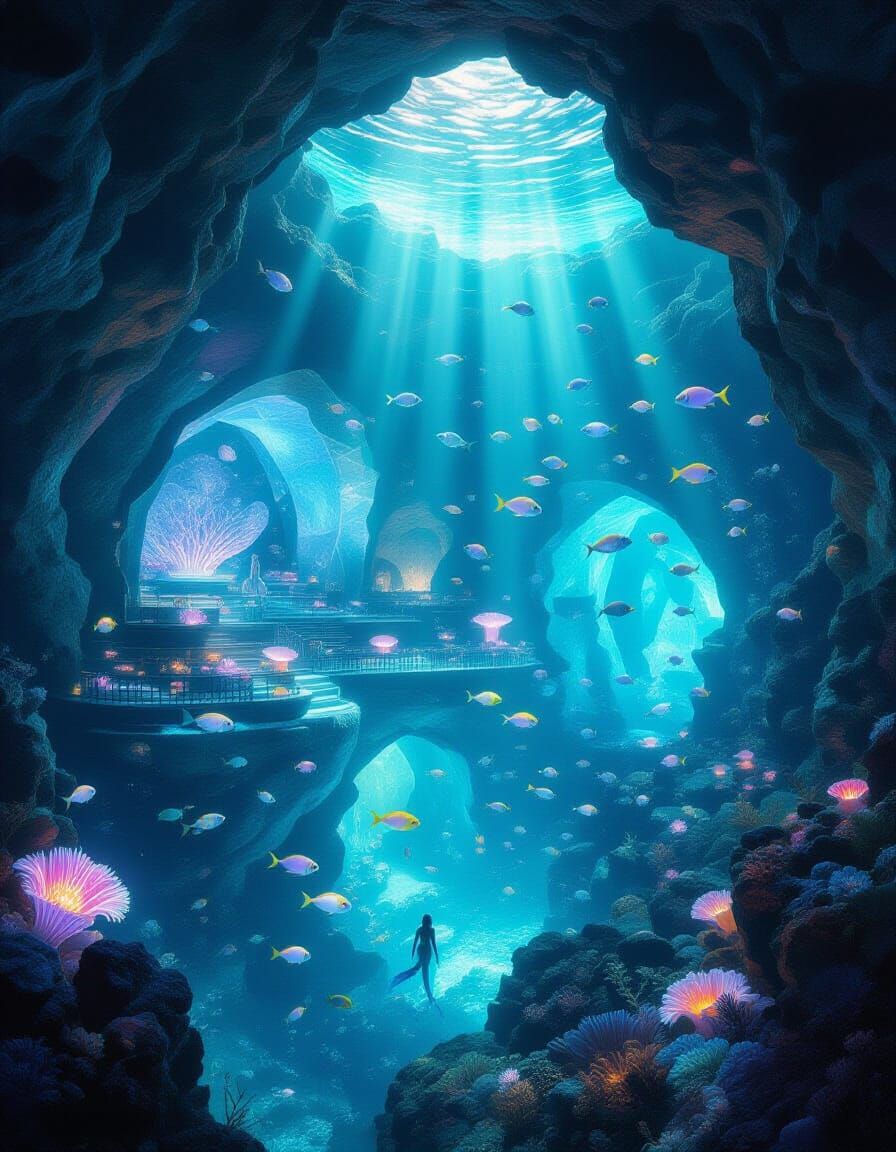 Underwater Geode City with Bioluminescent Life