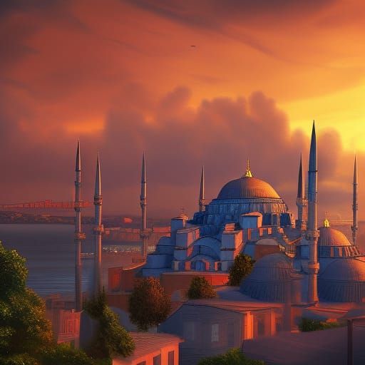 Futuristic Istanbul Sunset: Detailed Matte Painting