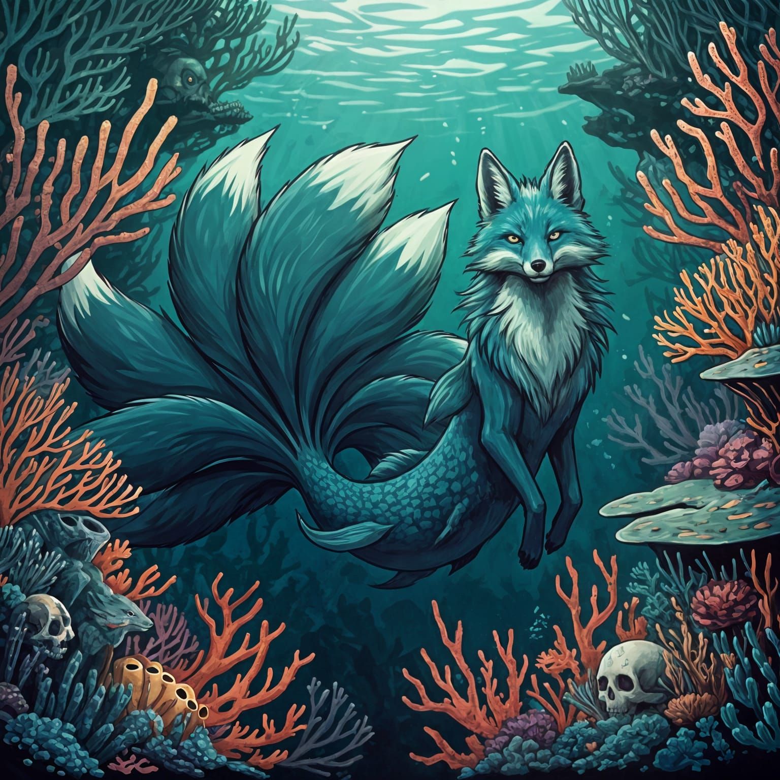 Surreal Fox Dives into Dark Fantasy Coral Reef