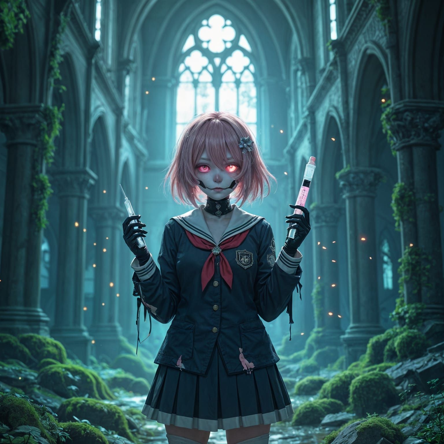 Anime Girl in Ruined Cathedral with Luminous Moss