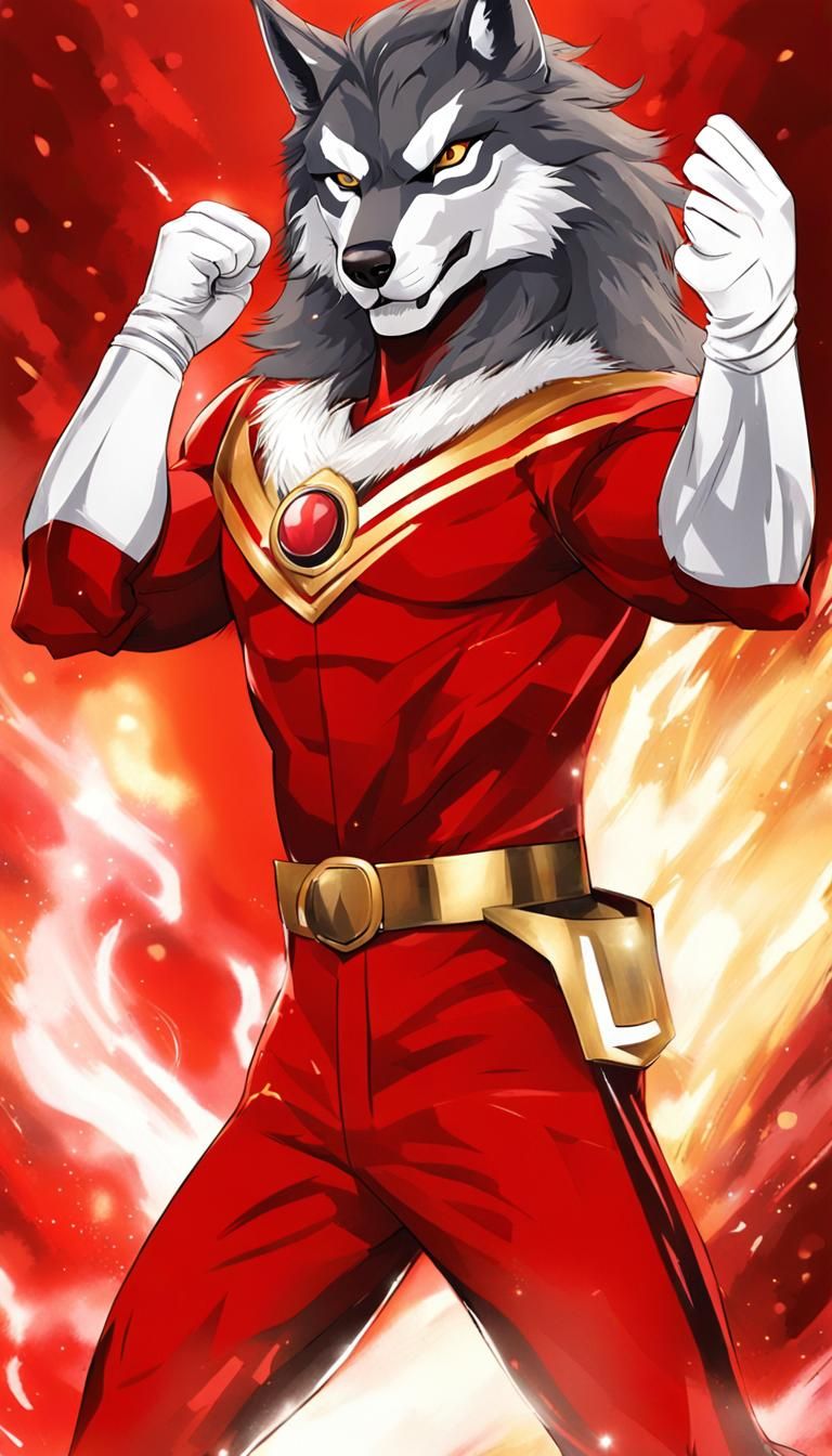 Muscular Anthro Wolf in Red Ranger Suit