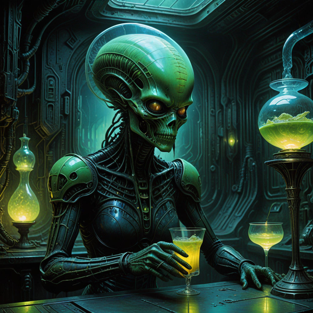 Ethereal Alien Barmaid in a Futuristic Space Station Bar