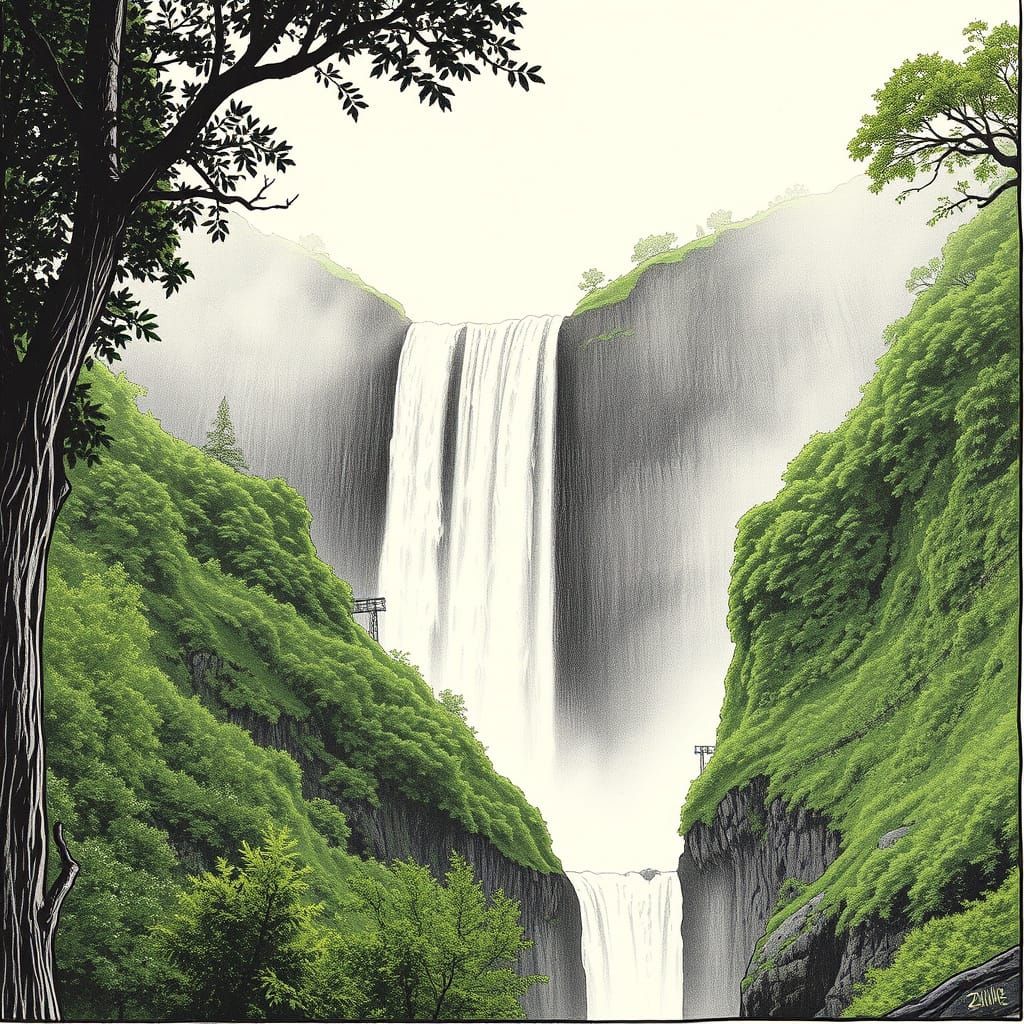Victoria Falls Ink Drawing: Atmospheric Waterfall Scene