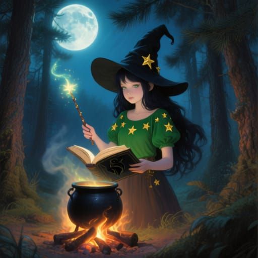 Young Witch in Magic Forest with Shadow Book