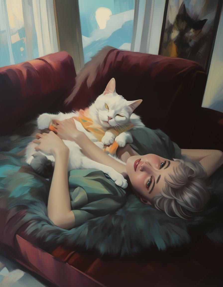 Woman and Cat in Fantasy Oil Painting