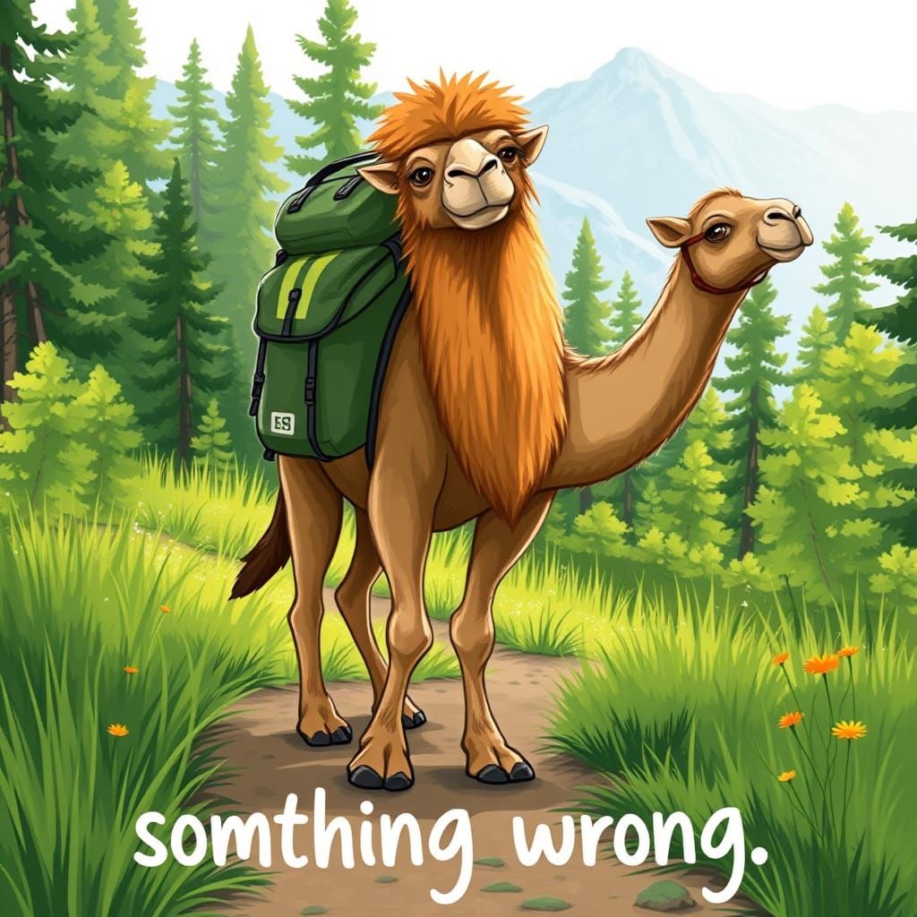 Humorous Camel on Forest Trail with Backpack
