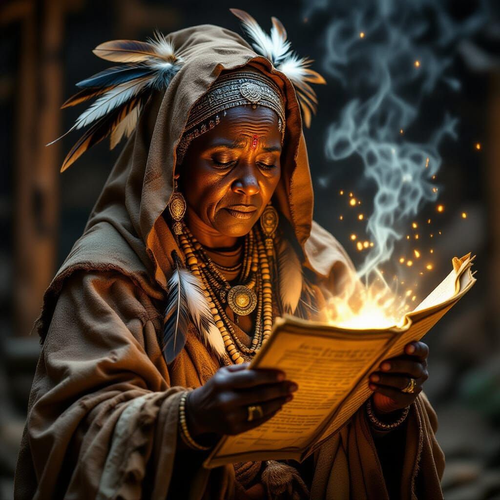 Mystical African Woman Reading Ancient Scroll