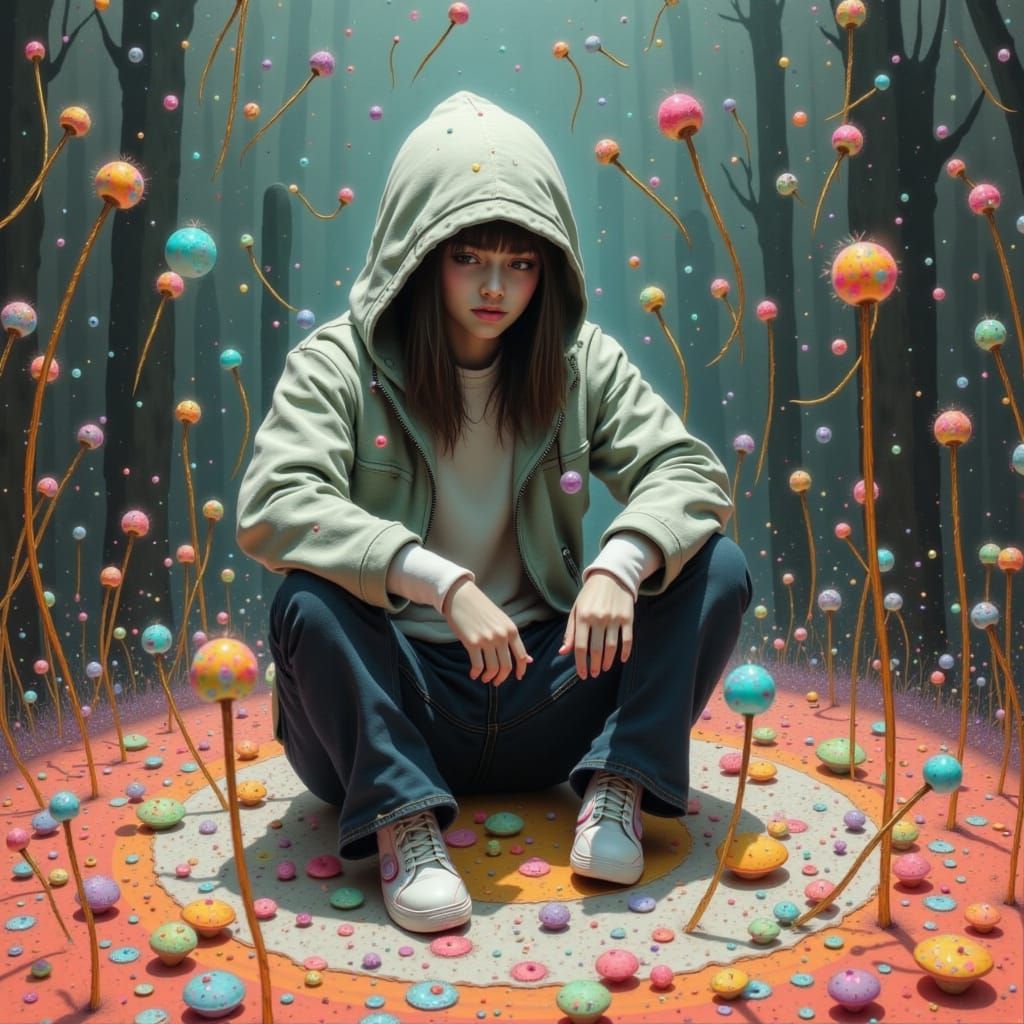 Anxious Person Surrounded by Pins in Whimsical Style