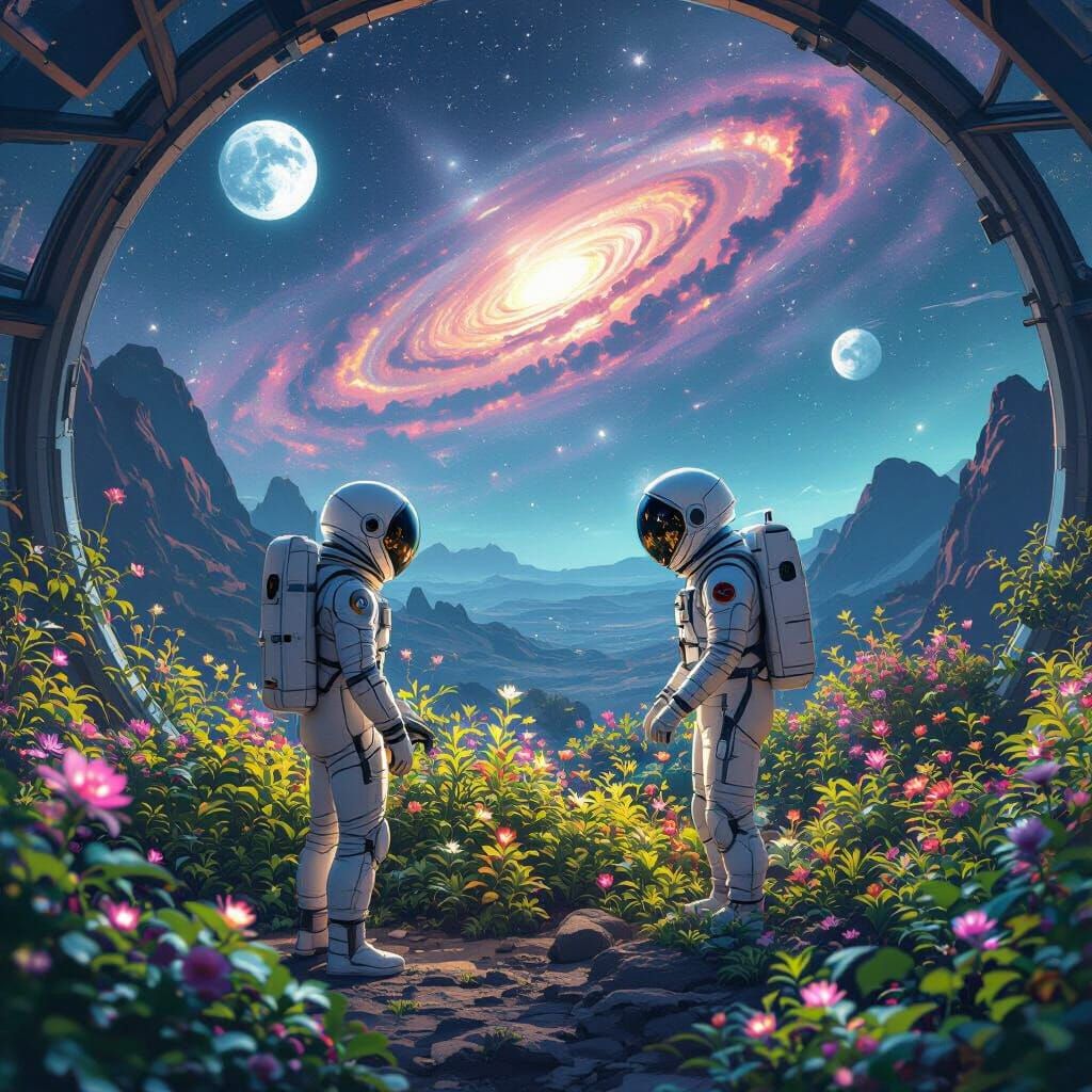 Bioluminescent Garden on Exoplanet: Ghibli-Moebius Style