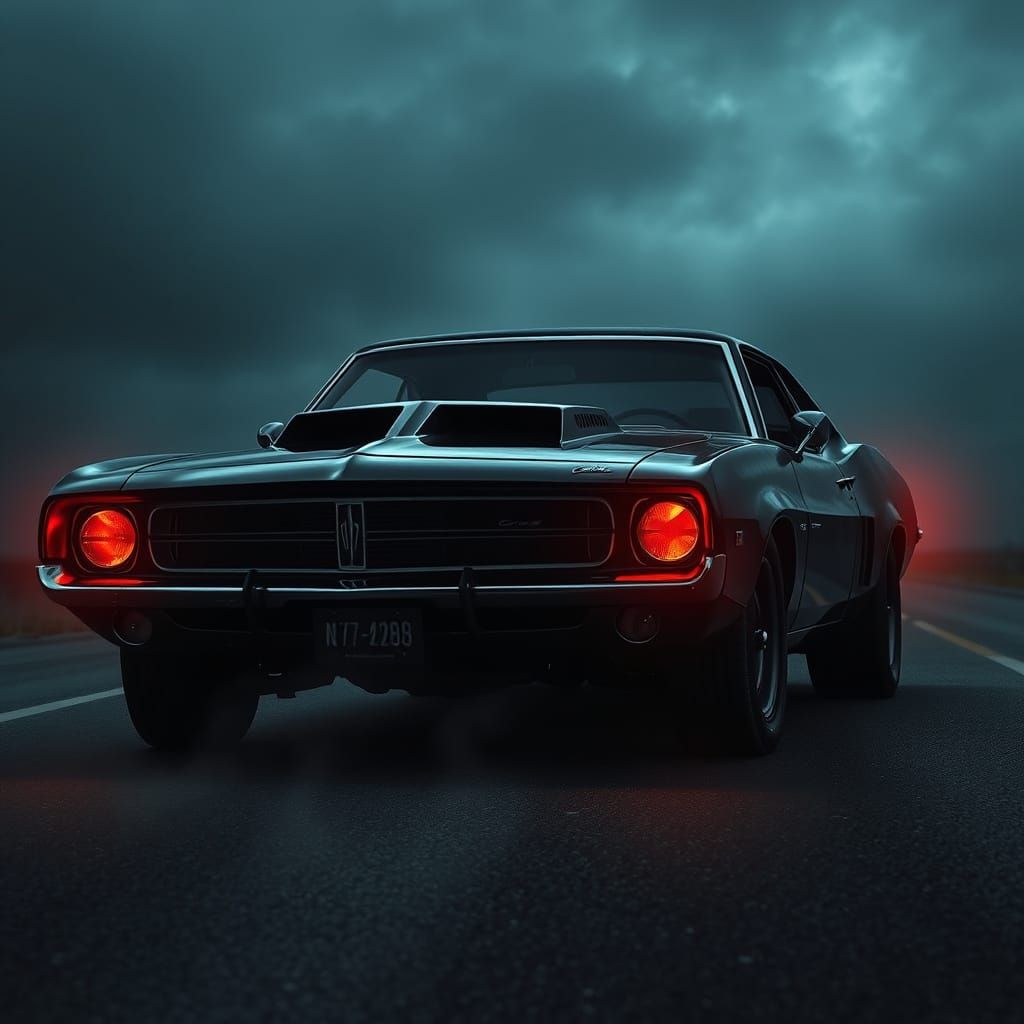 Sinister Black Muscle Car on Foggy Highway