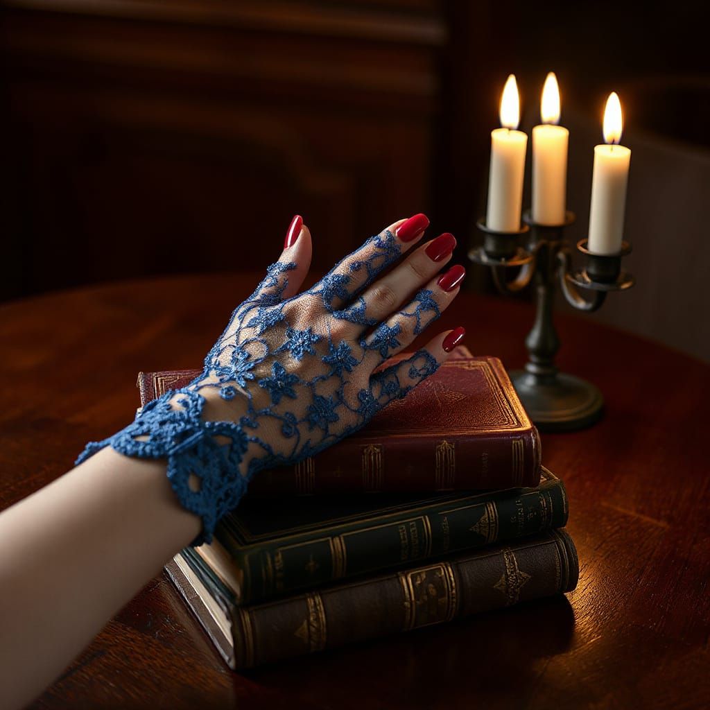 Feminine Hand in Blue Lace Glove with Red Nails
