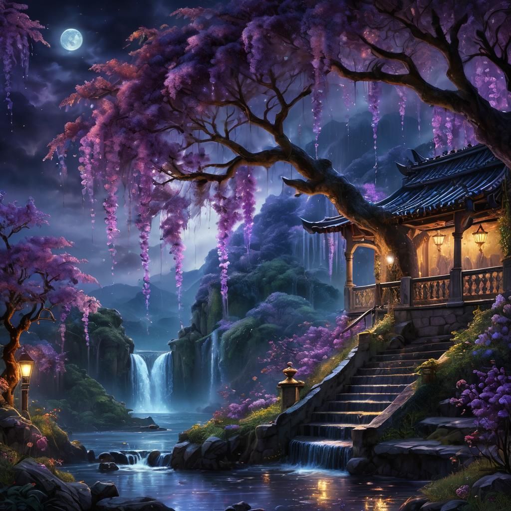 Amethyst Rainy Night with Wisteria, Digital Art