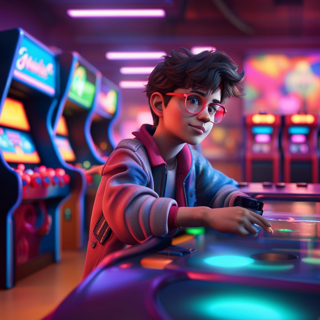 1980s Teenager in Arcade: Pixar-Style 3D Art