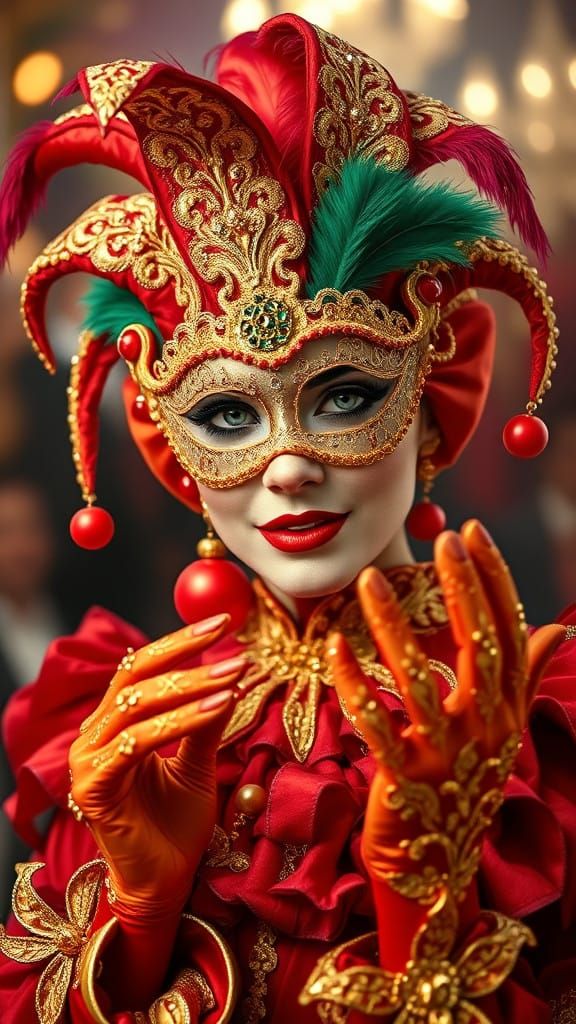 Whimsical Venetian Jester in Opulent Masquerade Attire