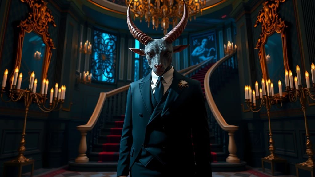 Regal Horned Creature in Dark Academia Ballroom