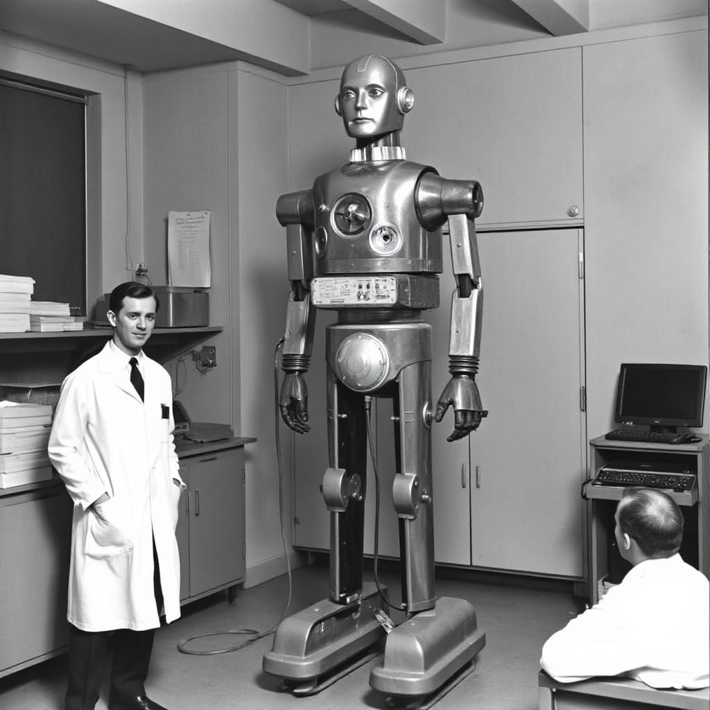 Vintage Robot in 1950s Lab Setting